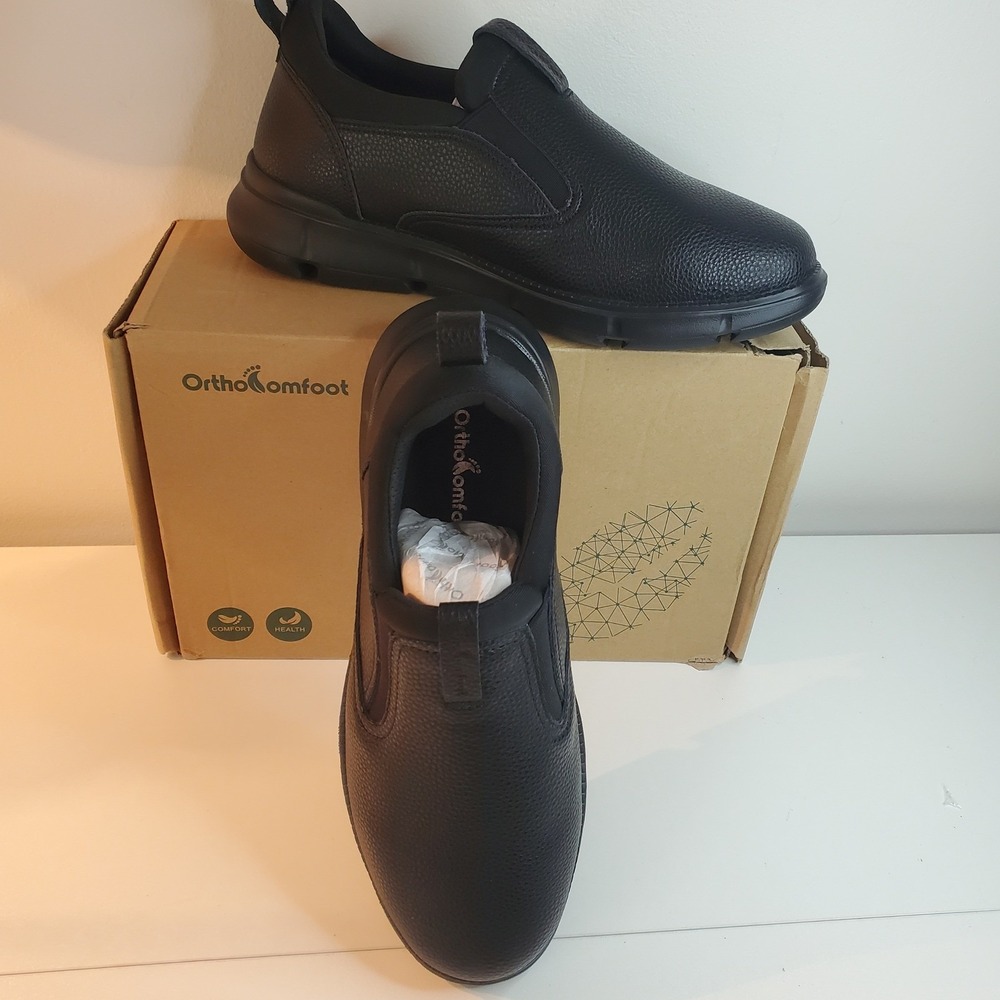 OrthoComfoot Mens Black Leather Slip On Walking Shoes Loafers Size 11